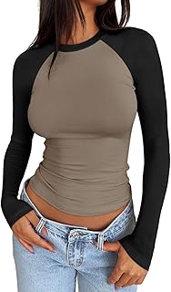 Women's Long Sleeve Shirts Slim Fit Stretchy Color Block Slightly Cropped Tops