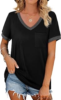 Womens T Shirts Short Sleeve V Neck Loose Casual Summer Tops with Pocket