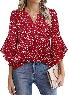 Women's 3/4 Sleeve Tops Dressy Casual Business Work Blouses Chiffon Office Shirts