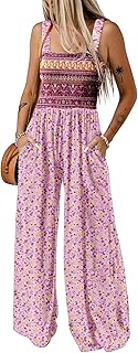 Women's Casual Loose Overalls Jumpsuits One Piece Sleeveless Printed Wide Leg Long Pant Rompers With Pockets
