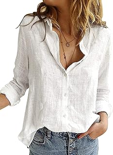 Womens V Neck Roll up Sleeve Button Down Blouses Tops