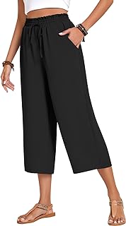 Womens Capri Pants Loose High Waisted Wide Leg Lounge Pants Drawstring Casual Palazzo Trousers with Pockets