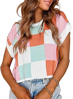 Womens Cap Sleeve Crop Tops Summer Color Block Going Out Crew Neck Knit Trendy Casual Sweater