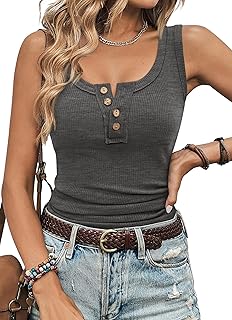 Women Tank Tops Summer Casual Ribbed Sleeveless Basic Cami Top Slim Henley Button Down Blouses Beach