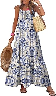 Women Summer Dresses 2025 Spaghetti Strap Scoop Neck Smocked Ruffle Flowy Boho Maxi Dress