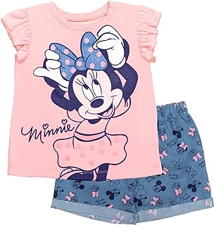 Minnie Mouse Rainbow Floral T-Shirt and Chambray Shorts Outfit Set Infant to Big Kid Sizes (12 Months - 14-16)