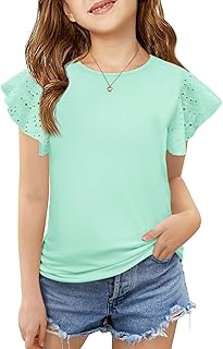 Girls Ruffle Sleeve Shirts Summer Crewneck Eyelet Tee Tops Casual Cute Blouse 4-15 Years