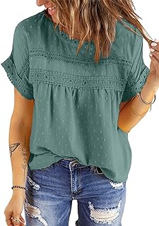Womens Summer Tops Crewneck Lace Crochet Short Sleeve Shirts Casual Chiffon Blouses