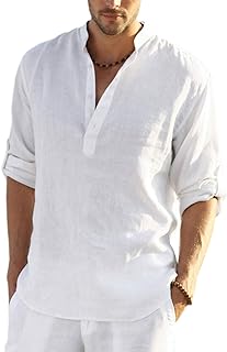 Men's Cotton Linen Henley T-Shirts Long Sleeve Hippie Casual Beach T-Shirts