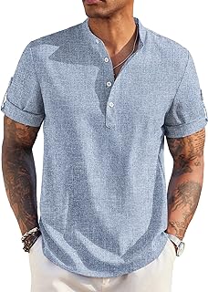 Men's Casual Henley Shirt Short Sleeve Band Collar Linen Shirt Summer Beach Hippie T-Shirts