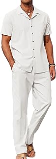 Men 2 Piece Linen Outfit Beach Button Down Shirt Casual Loose Pant Sets