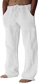 Cotton Linen Pants Men Casual Loose Fit Elastic Drawstring Waist Summer Beach Pants