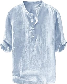 Mens Linen Shirts Casual Cotton 3/4 Sleeve Regular-Fit Henley T-Shirt Summer Lightweight Beach Yoga Tops