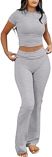 ANRABESS Lounge Sets for Women 2 Piece Foldover Yoga Flare Leggings Pants Crop Tops Casual Y2K Outfits Matching Tracksuit Set