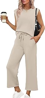 SAMPEEL Two Piece Sets for Women Casual Travel Vacation Outfits Summer Wide Leg Crop Pants Lounge Sets