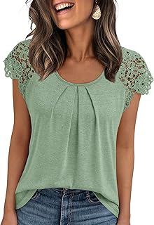 AUTOMET Womens Lace Tops Pleated Short Sleeve Shirts Summer Business Casual Dressy Blouses